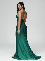 Spaghetti Straps Sleeveless Pleats Satin Prom Dresses