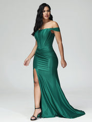Trumpet/Mermaid Off the Shoulder Pleats Satin Prom Dresses