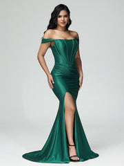 Trumpet/Mermaid Off the Shoulder Pleats Satin Prom Dresses