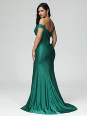 Trumpet/Mermaid Off the Shoulder Pleats Satin Prom Dresses