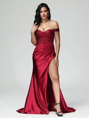Off the Shoulder Strapless Split Satin Prom Dresses