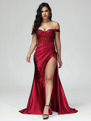 Off the Shoulder Strapless Split Satin Prom Dresses