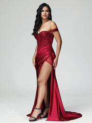 Off the Shoulder Strapless Split Satin Prom Dresses