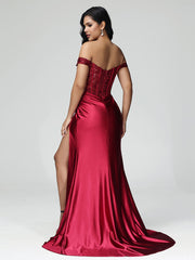 Off the Shoulder Strapless Split Satin Prom Dresses