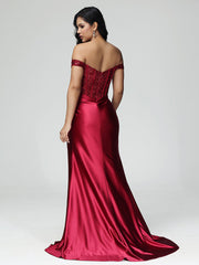 Off the Shoulder Strapless Split Satin Prom Dresses