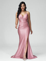 Spaghetti Straps Sleeveless Pleats Satin Prom Dresses
