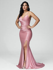 Spaghetti Straps Sleeveless Pleats Satin Prom Dresses