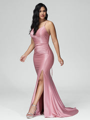 Spaghetti Straps Sleeveless Pleats Satin Prom Dresses