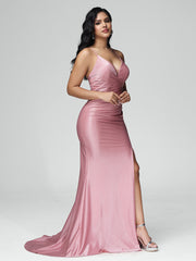 Spaghetti Straps Sleeveless Pleats Satin Prom Dresses