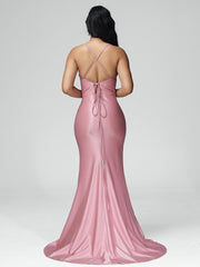 Spaghetti Straps Sleeveless Pleats Satin Prom Dresses
