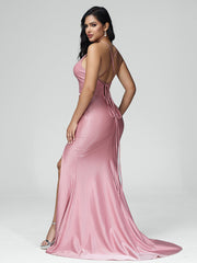 Spaghetti Straps Sleeveless Pleats Satin Prom Dresses