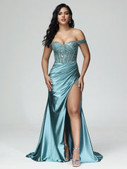 Off the Shoulder Strapless Split Satin Prom Dresses