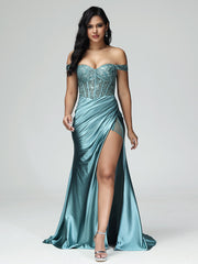 Off the Shoulder Strapless Split Satin Prom Dresses
