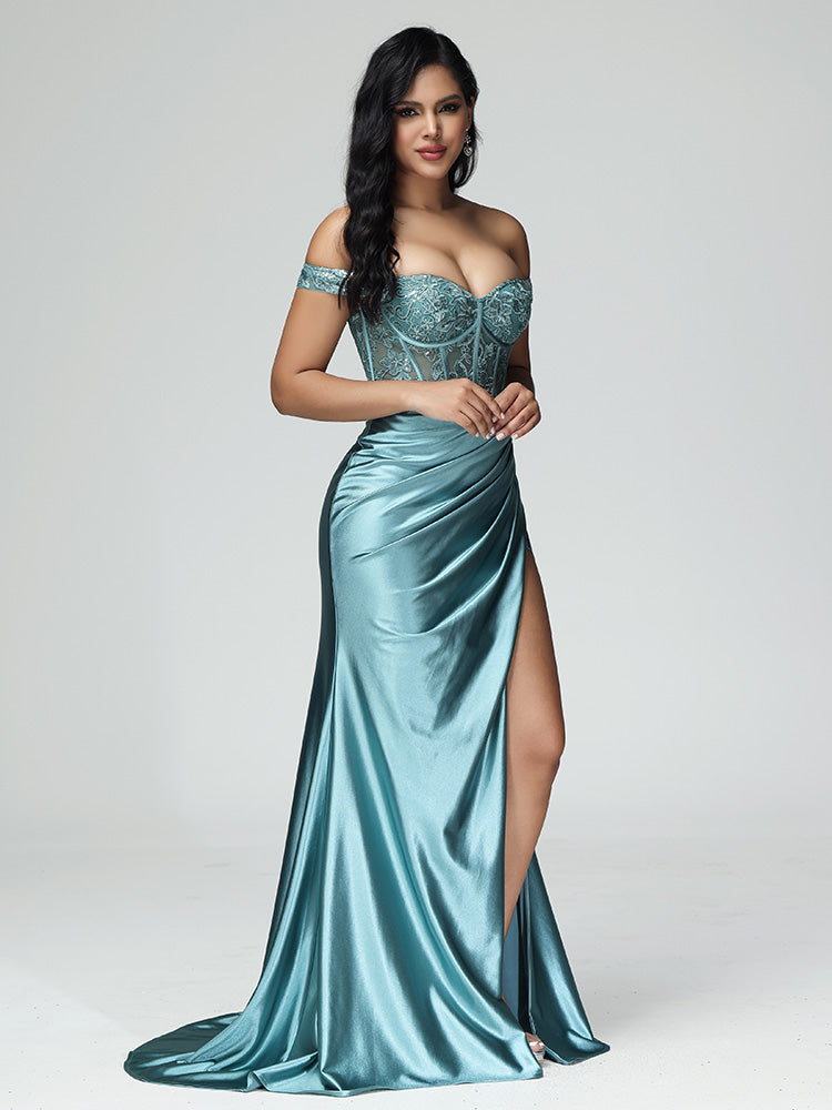Off the Shoulder Strapless Split Satin Prom Dresses