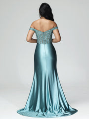Off the Shoulder Strapless Split Satin Prom Dresses