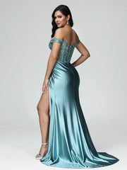 Off the Shoulder Strapless Split Satin Prom Dresses