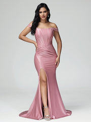 Trumpet/Mermaid Off the Shoulder Pleats Satin Prom Dresses
