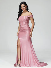 Trumpet/Mermaid Off the Shoulder Pleats Satin Prom Dresses