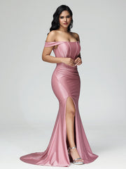 Trumpet/Mermaid Off the Shoulder Pleats Satin Prom Dresses