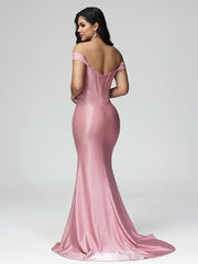 Trumpet/Mermaid Off the Shoulder Pleats Satin Prom Dresses