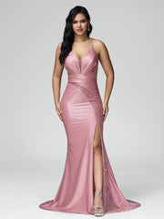 Sweep Train Criss-Cross Straps Satin Prom Dresses With Split