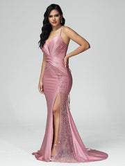 Sweep Train Criss-Cross Straps Satin Prom Dresses With Split