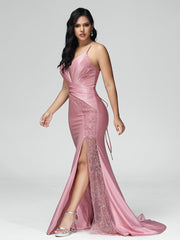 Sweep Train Criss-Cross Straps Satin Prom Dresses With Split
