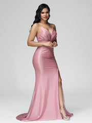 Sweep Train Criss-Cross Straps Satin Prom Dresses With Split