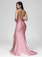 Sweep Train Criss-Cross Straps Satin Prom Dresses With Split