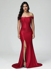 Trumpet/Mermaid Off the Shoulder Pleats Satin Prom Dresses