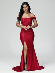 Trumpet/Mermaid Off the Shoulder Pleats Satin Prom Dresses