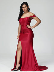 Trumpet/Mermaid Off the Shoulder Pleats Satin Prom Dresses