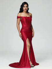 Trumpet/Mermaid Off the Shoulder Pleats Satin Prom Dresses
