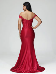 Trumpet/Mermaid Off the Shoulder Pleats Satin Prom Dresses