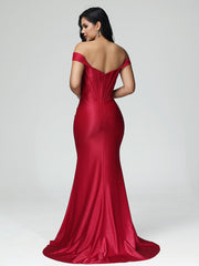 Trumpet/Mermaid Off the Shoulder Pleats Satin Prom Dresses