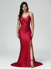 Spaghetti Straps Sleeveless Pleats Satin Prom Dresses