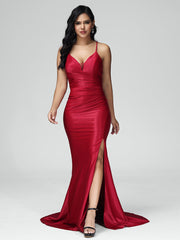 Spaghetti Straps Sleeveless Pleats Satin Prom Dresses