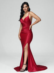 Spaghetti Straps Sleeveless Pleats Satin Prom Dresses