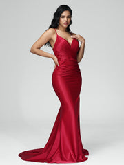 Spaghetti Straps Sleeveless Pleats Satin Prom Dresses
