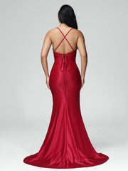 Spaghetti Straps Sleeveless Pleats Satin Prom Dresses