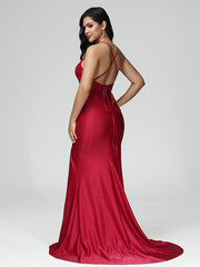 Spaghetti Straps Sleeveless Pleats Satin Prom Dresses