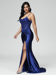 Mermaid Spaghetti Straps Ruched Prom Dresses With Split