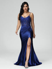 Mermaid Spaghetti Straps Ruched Prom Dresses With Split