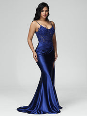Mermaid Spaghetti Straps Ruched Prom Dresses With Split