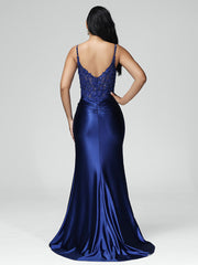 Mermaid Spaghetti Straps Ruched Prom Dresses With Split