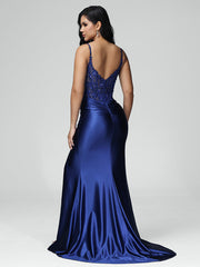 Mermaid Spaghetti Straps Ruched Prom Dresses With Split