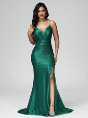 Sweep Train Criss-Cross Straps Satin Prom Dresses With Embroidery
