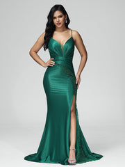 Sweep Train Criss-Cross Straps Satin Prom Dresses With Embroidery