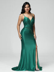 Sweep Train Criss-Cross Straps Satin Prom Dresses With Embroidery