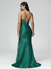 Sweep Train Criss-Cross Straps Satin Prom Dresses With Embroidery